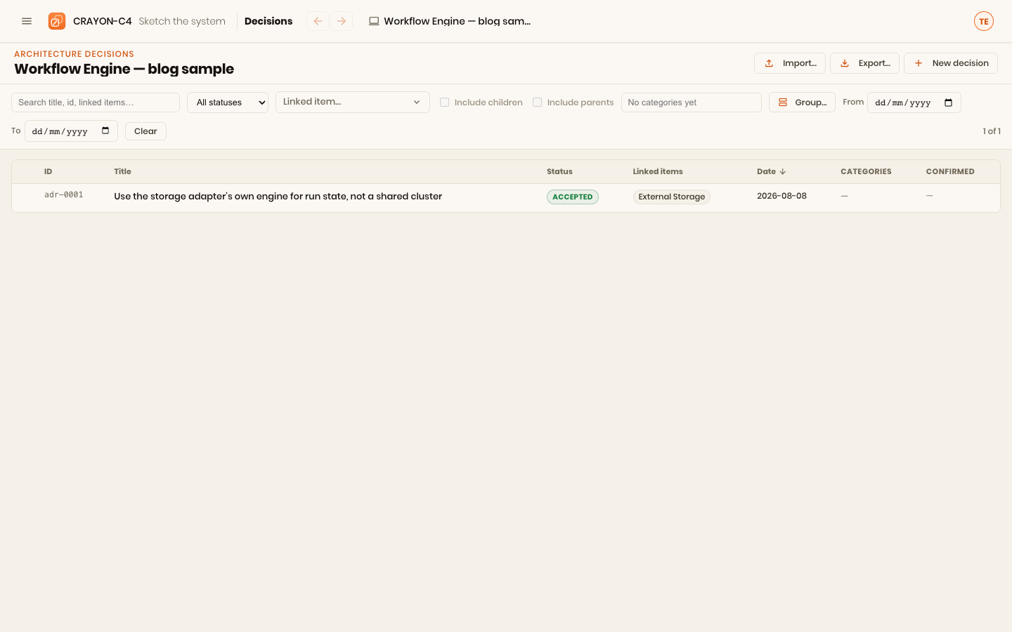 Decisions live beside the model they're about — not in a wiki, searchable and linked back to the element each one is about