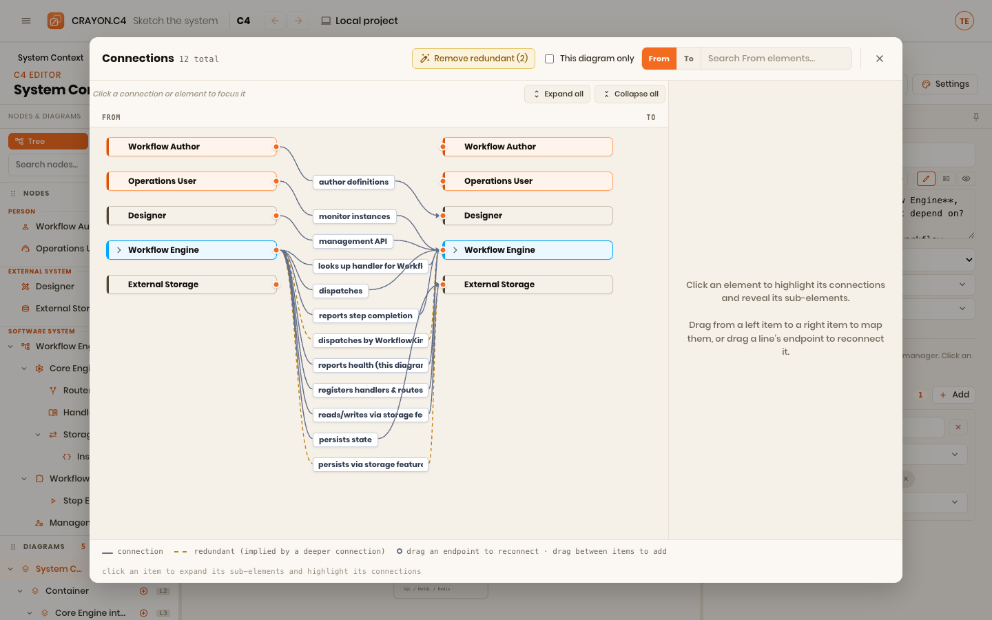 The Connections manager: every relationship as a From → To map, with search, "This diagram only", and remove-redundant