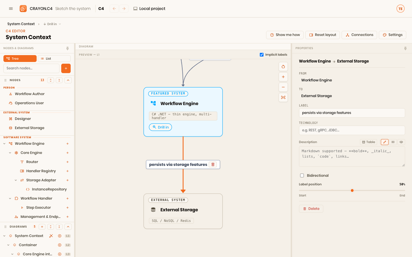 A relationship selected in the editor, with its purpose and technology fields