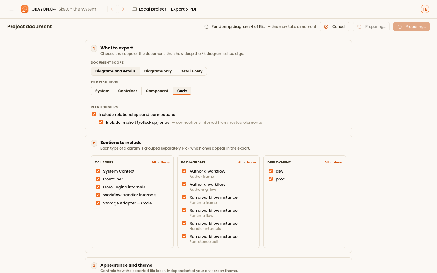 The export options tabs: What to export, Sections, and Appearance