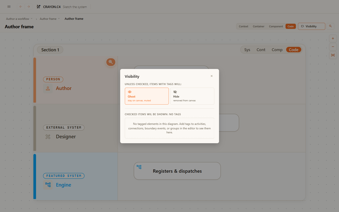 The viewer's Visibility panel: tags with Ghost/Hide modes