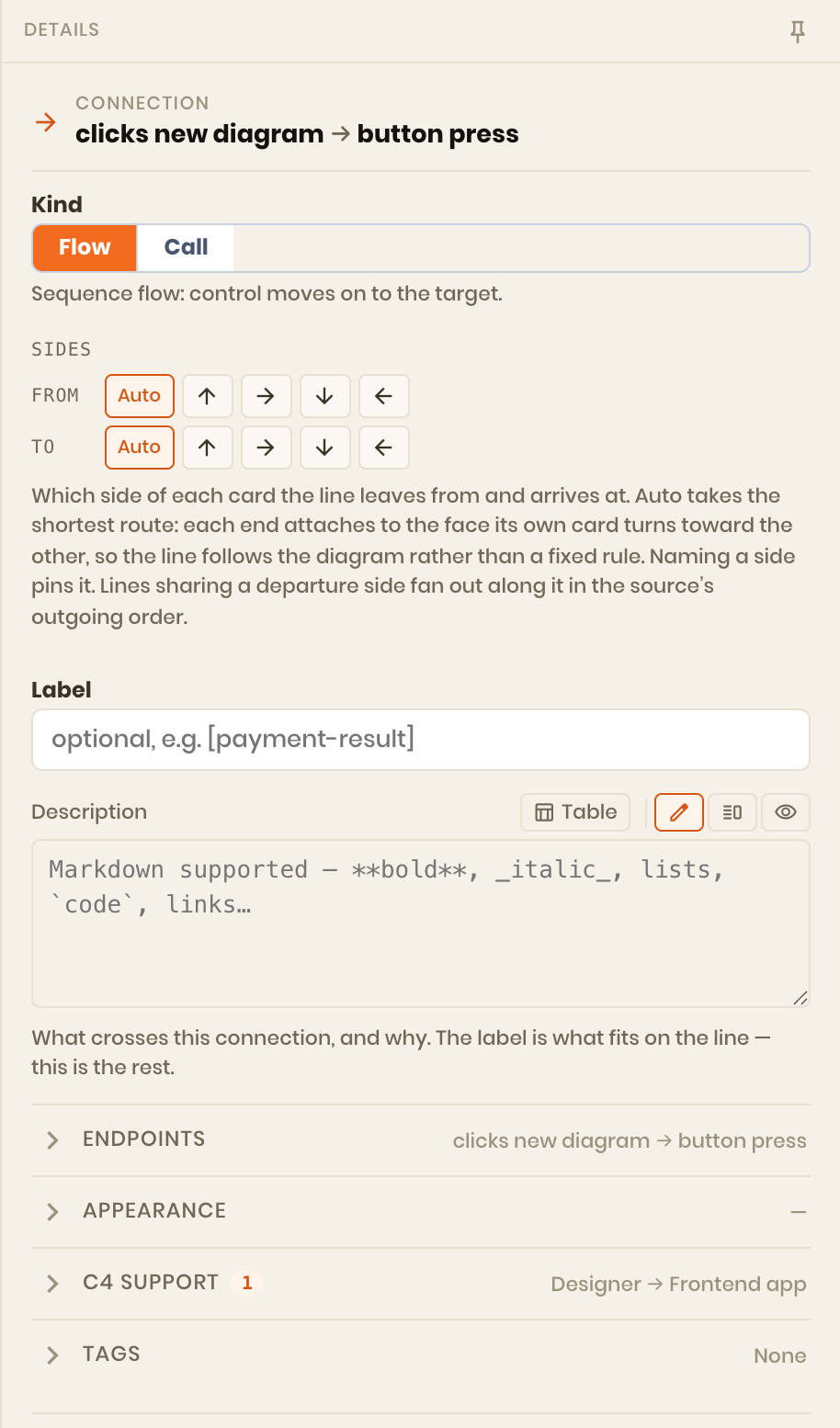 A connection's pane: Kind, then Sides with From and To each set to Auto