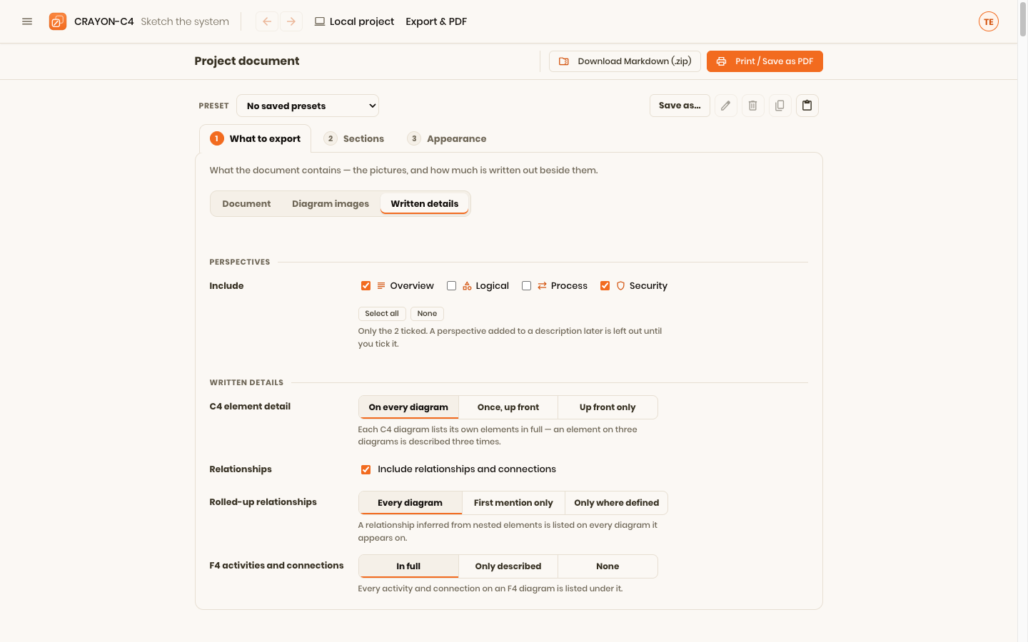 The export panel's Perspectives picker, with Overview and Security ticked out of four