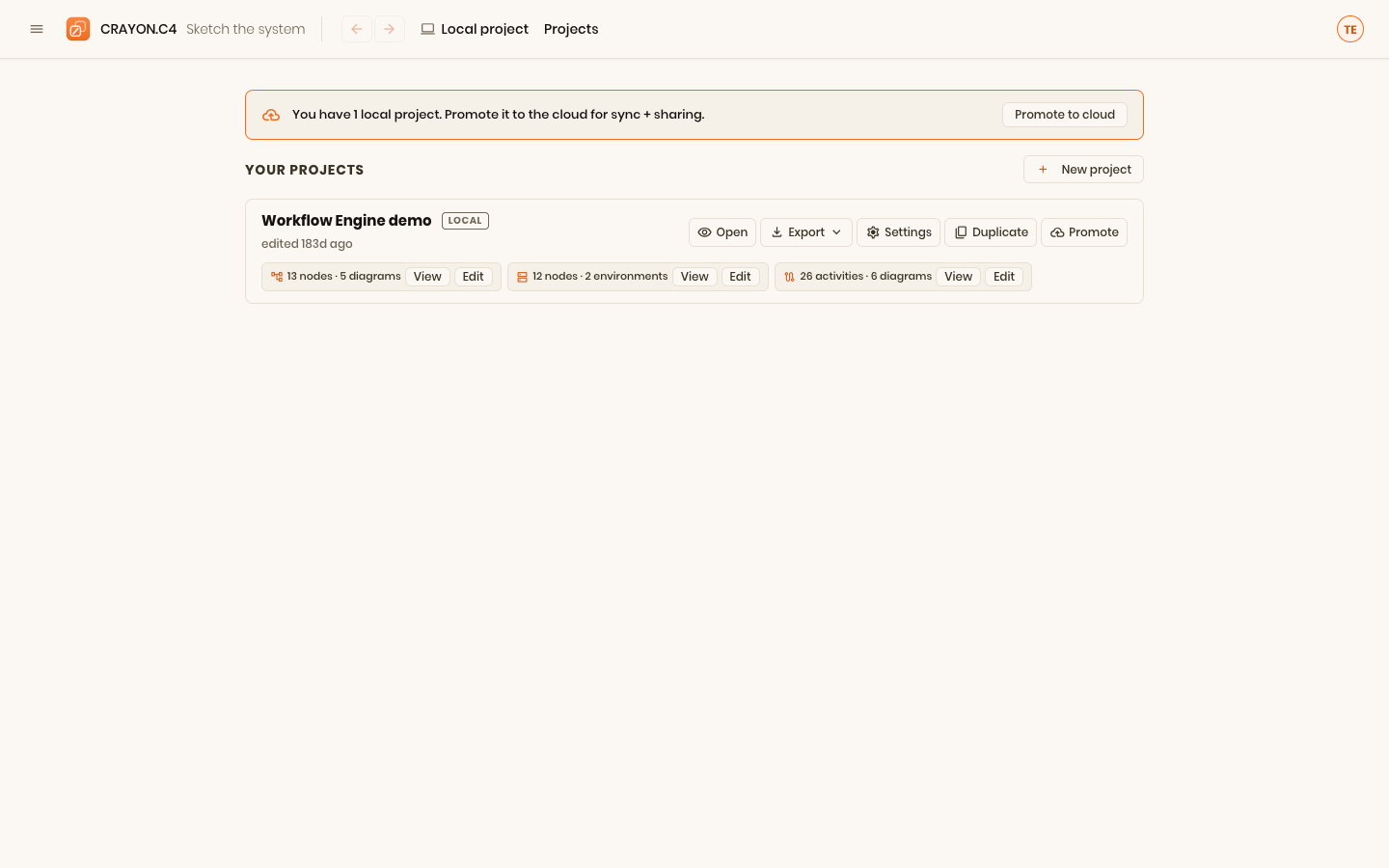 The projects hub — create, open, rename, duplicate, delete