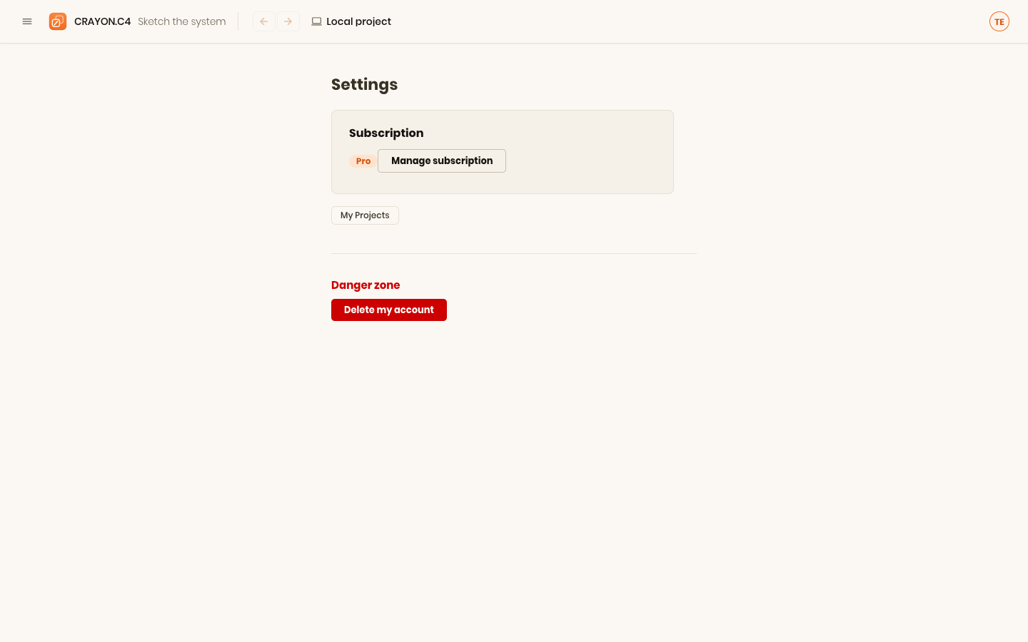 The Settings page: subscription plan, Manage subscription, and the account danger zone
